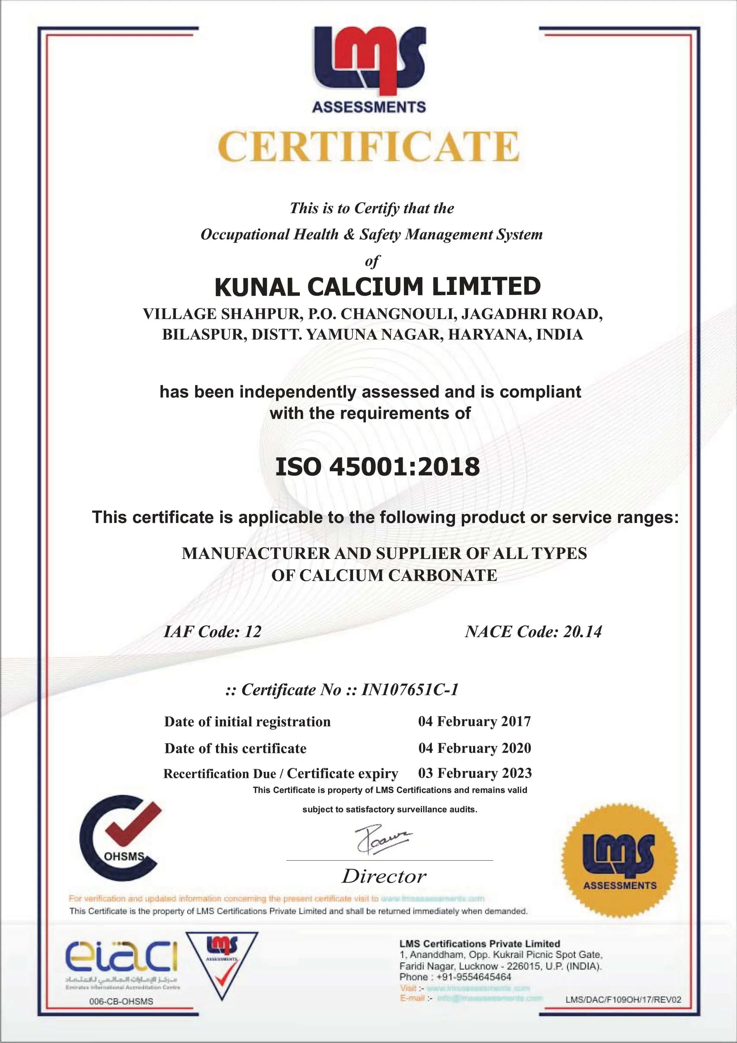 Kunal Calcium ISO 45001 : 2018