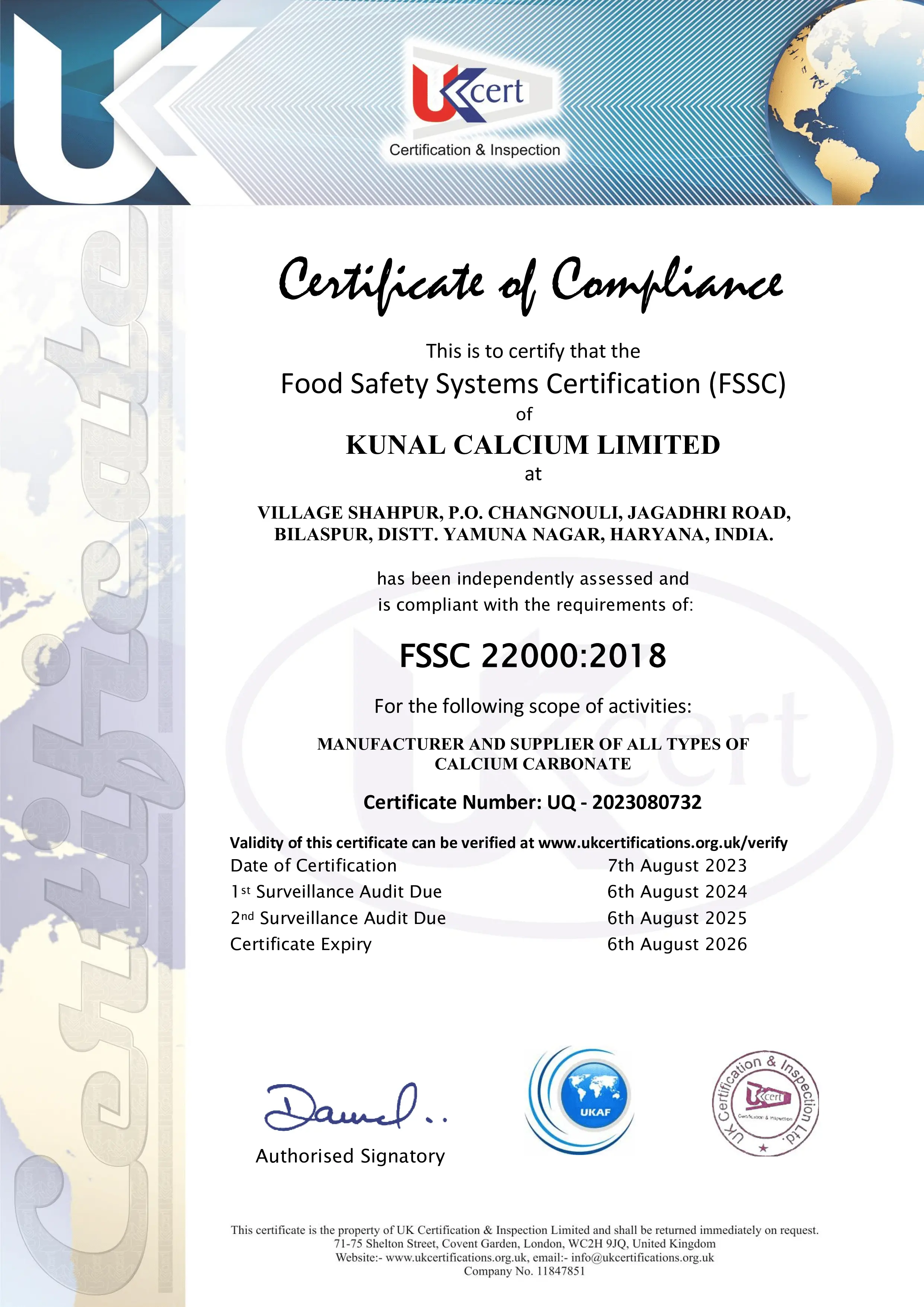 Kunal Calcium FSSC 22000