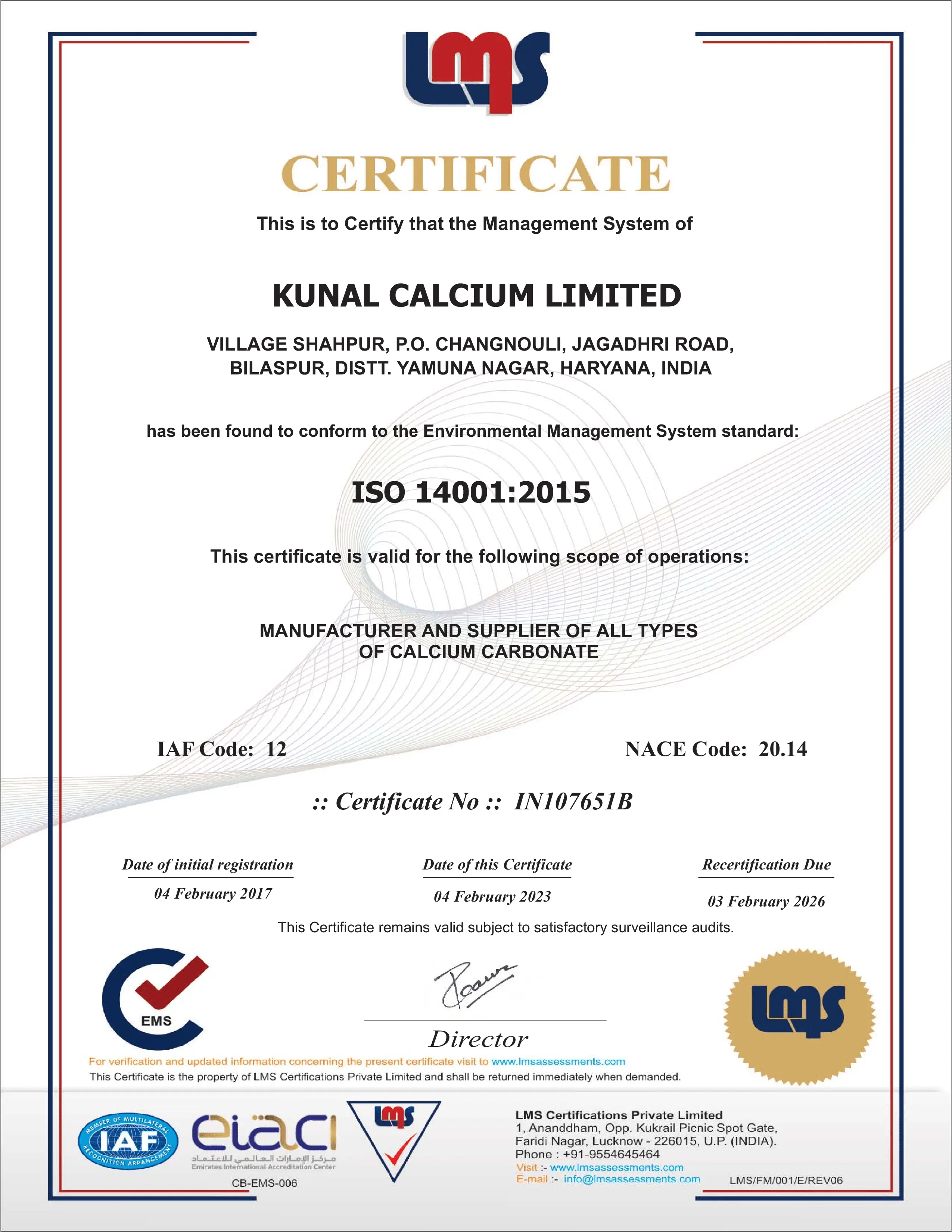 Kunal Calcium ISO 14001 : 2023