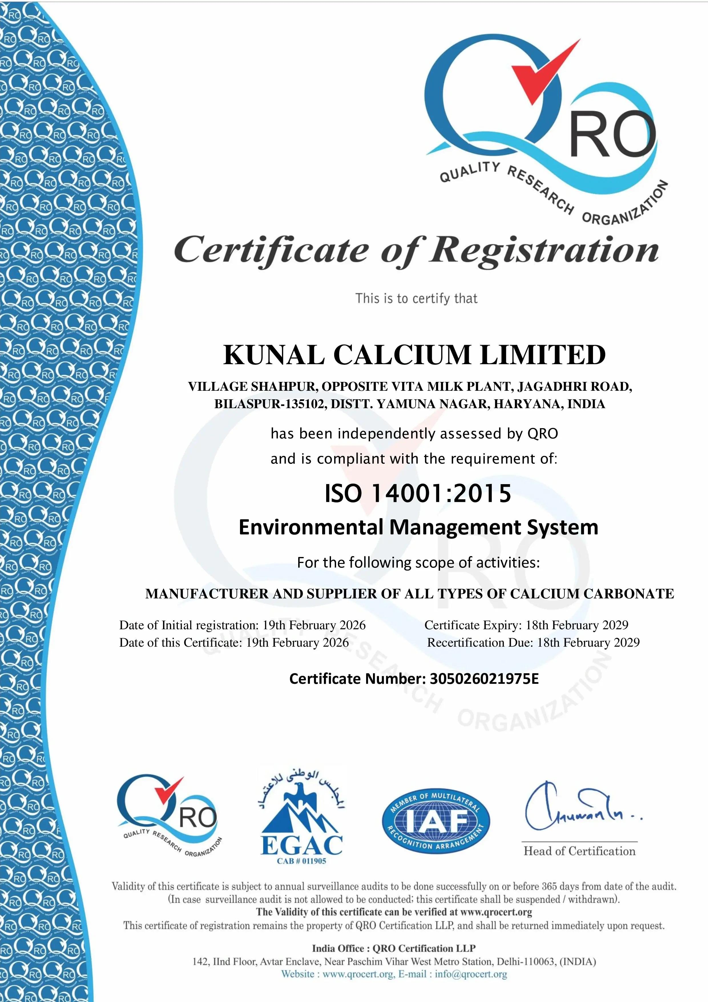 Kunal Calcium ISO 14001 : 2026