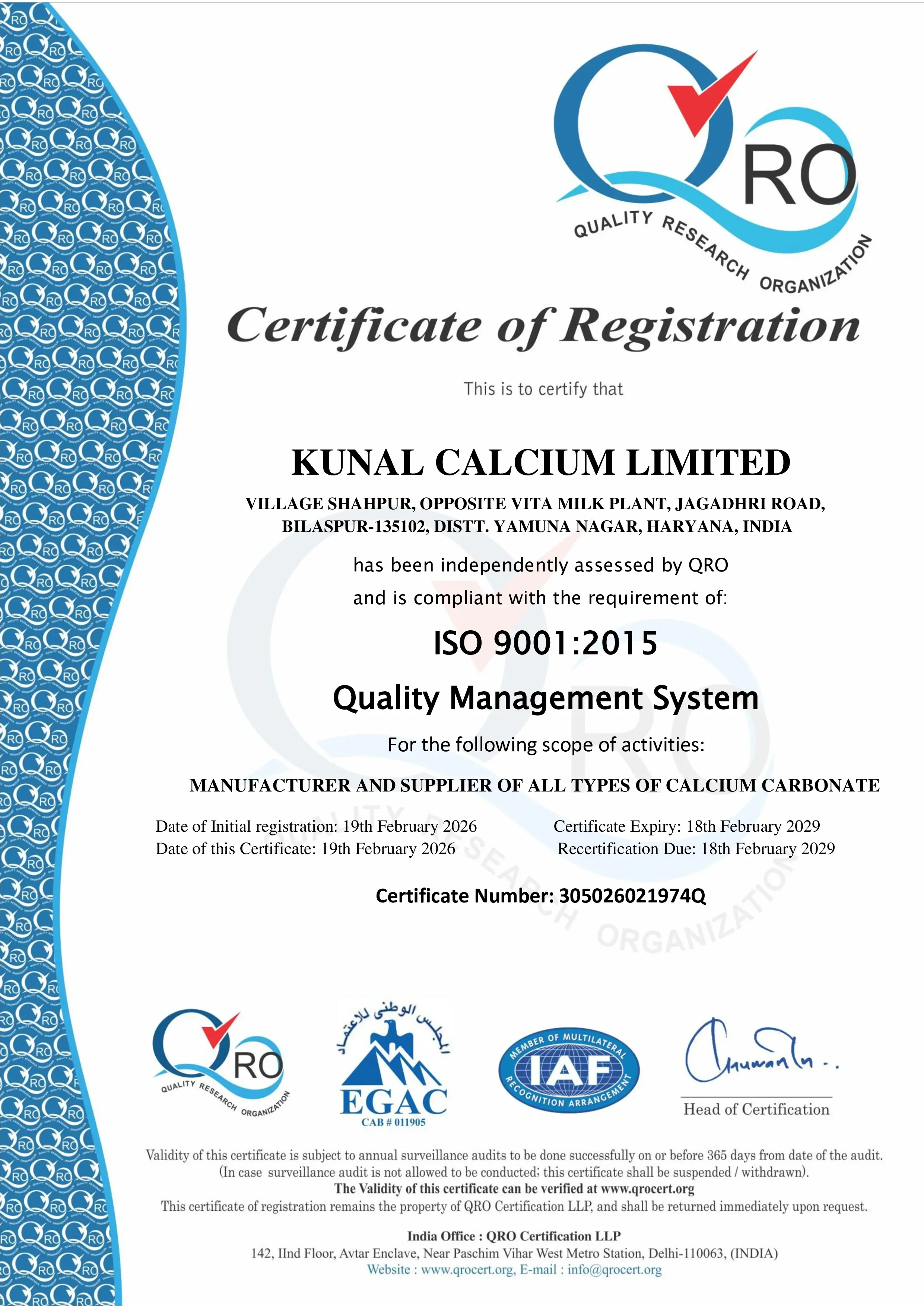 Kunal Calcium ISO 9001 : 2026