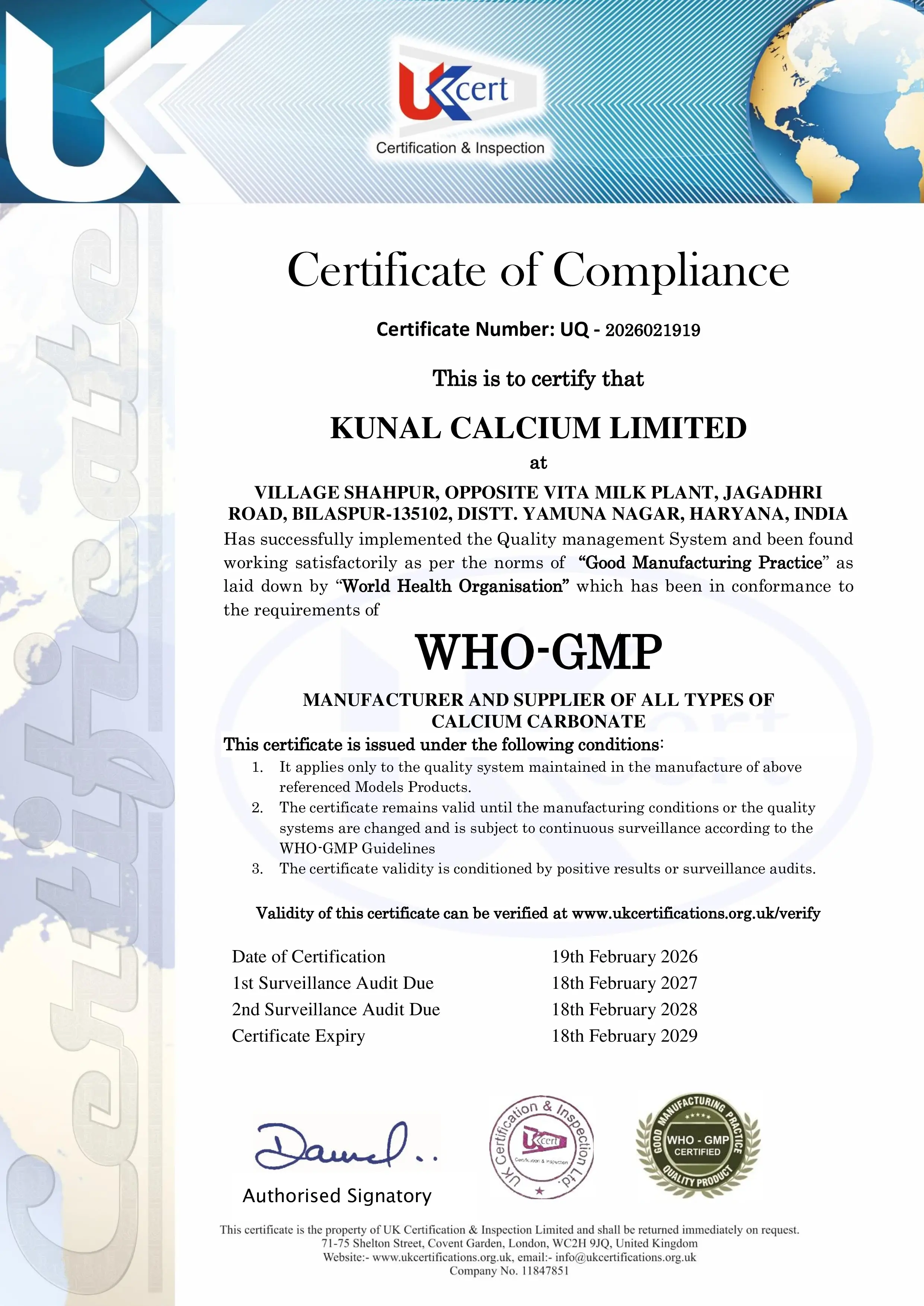 Kunal Calcium ISO WHO-GMP