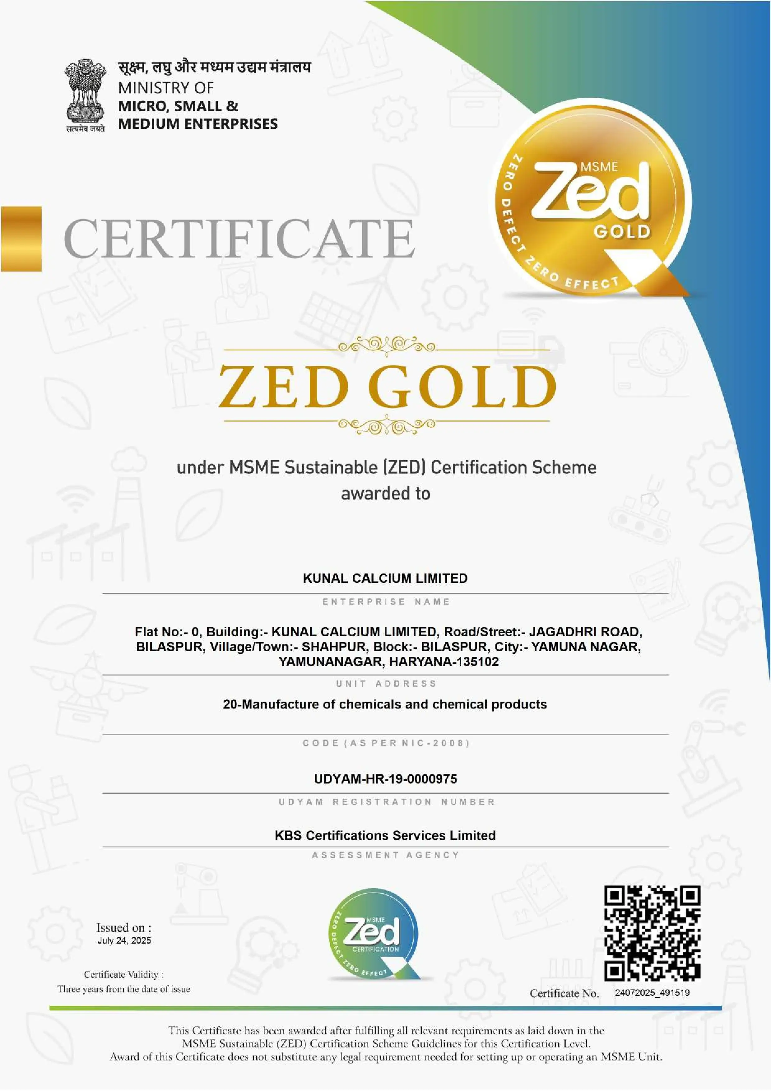 Kunal Calcium Zed Gold Certificate